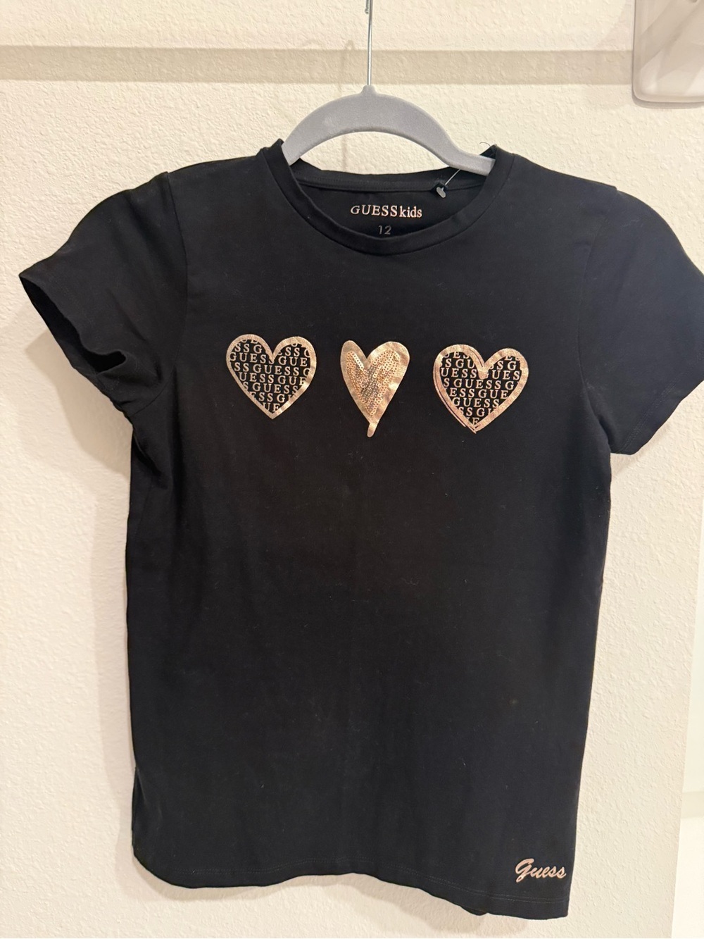 GUESS Kids Black Tee with Metallic Rose Gold Hearts